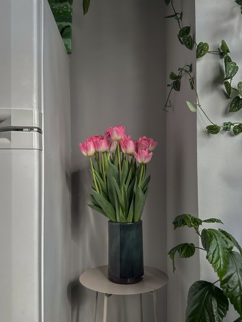 A bouquet of fresh pink tulips with light pink petals and green stems arranged in a tall, dark-colored glass vase. The vase sits on a small, white round side table positioned against a white wall. To 