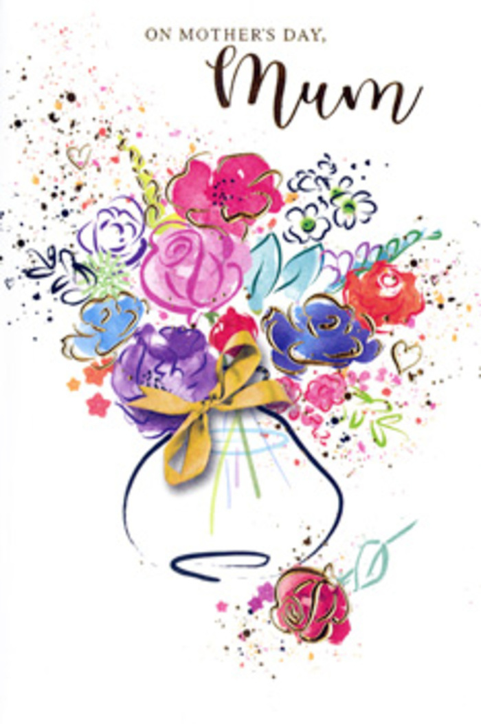 This expressive Mother's Day card features an artistic bouquet that seems to dance across the page, as if painted in one inspired sitting by a florist-artist working near the Barbican Centre. The flowers are rendered in sweeping strokes of hot pink, cerise, and deep berry, each petal loosely outlined in indigo to give a sense of depth and gentle movement. These bold tones are softened by the inclusion of apricot, lilac, and pastel blue blooms, with leafy hints of chartreuse green peeking through, echoing the layered textures you might see in a carefully crafted arrangement prepared for same-day delivery around Barbican. Fine golden details trace the edges of some petals and leaves, adding a subtle shimmer that suggests warmth and the intangible glow of a mother's embrace. At the periphery, little heart shapes and splatters of paint appear almost like confetti or scattered petals, creating an aura of celebration around the central bouquet. The vase is drawn with whimsical, rounded contours, giving it a friendly, approachable feel, and a neatly illustrated golden bow ties around its neck, symbolising both tradition and thoughtful presentation. Though the design conveys spontaneity, with drips and splashes lending it a loose, impressionistic quality, there is clear intention in the way the colours harmonise and the forms relate to one another. The image evokes gratitude, admiration, and enduring affection, making the card feel like a keepsake: a painted bouquet that will remain bright on a mantelpiece in a Barbican home long after fresh flowers would have wilted.
