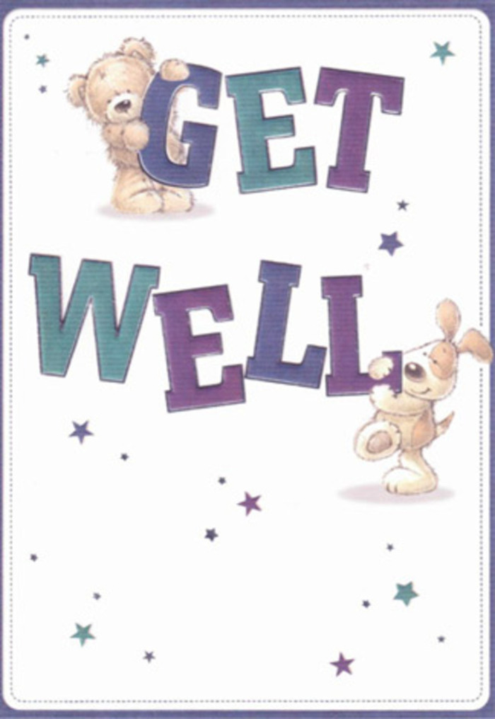 Generous with encouragement and brimming with light, this get well card's illustration is inspired by the heartfelt connections of the Barbican community. At the centre, a plush bear and a spirited puppy greet the viewer, their delicate, textured detailing evoking the feel of luxury soft toys gifted for comfort. Sprinkled around them, vibrant stars in shades of violet and turquoise mimic little bursts of positivity radiating through local gardens like those near Beech Street. The 'Get Well' message, hand-lettered with bold confidence in gradients of purple and teal, provides a solid foundation, filled with the same uplifting energy found in the Barbican's artist studios or communal spaces. Tactile qualities emerge in every brushstroke: the bear's fur looks fluffy and reassuring, while the dog's ears fold invitingly, suggesting a gentle touch. Imagining this card placed amidst fresh blooms curated by a Barbican florist brings to life the perfect gesture-a combination of floral beauty and visual warmth, designed to comfort and raise the spirits of someone recuperating within this vibrant neighbourhood.