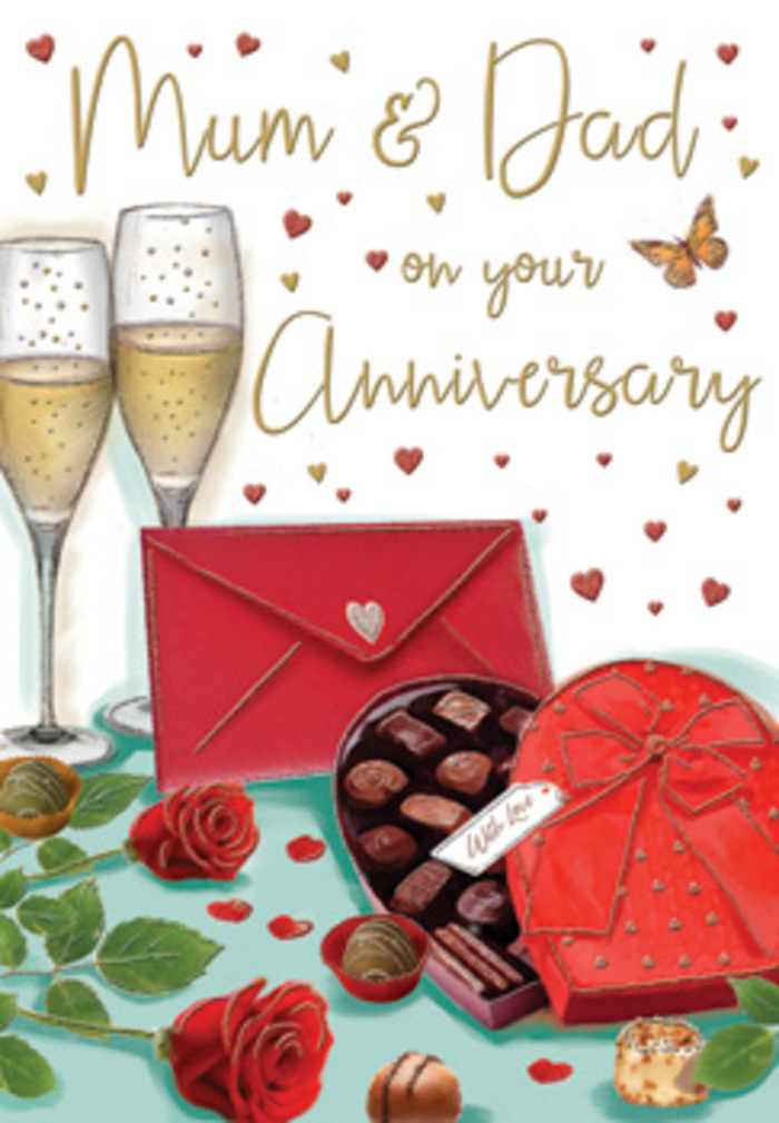 Richly detailed anniversary card illustration, evoking an evening celebration in the Barbican estate, as described by an experienced local florist. The focal point is a pair of sumptuous red roses, resting delicately on a softly lit surface. Their petals are drawn in deep, layered crimson tones, each curve and fold suggesting plush, velvety texture that almost invites you to lean in and imagine their fragrance. Surrounding the blooms are smooth, emerald-green leaves, which fan out in relaxed arcs, bringing balance and a whisper of garden freshness to the otherwise indulgent scene. Nestled beside the roses is a heart-shaped chocolate box, finished with a lustrous red bow that sprawls gracefully across the card, its satin-like ribbon catching the light. The box is open, revealing an assortment of chocolates arranged with care, their differing shapes and subtle shine suggesting a variety of rich, sweet fillings ready to be shared. Behind, two tall champagne flutes stand close together as though in quiet conversation, their clear glass filled with pale gold fizz. Tiny bubbles climb within each flute, frozen in the instant before a toast is raised-perhaps after a concert at the nearby Barbican Centre. The background is softened with floating red hearts and light strokes of gold, which add movement and a celebratory feel without overwhelming the central objects. To one side, a bright scarlet envelope lies closed but ready, hinting at affectionate, handwritten words addressed to 'Mum & Dad' in a flowing, personal script. The overall impression is one of warmth, elegance, and family-focused love: the kind of carefully curated gift scene you might create with a bouquet from Flower Delivery Barbican, arranged to mark not just another year, but a whole shared life.