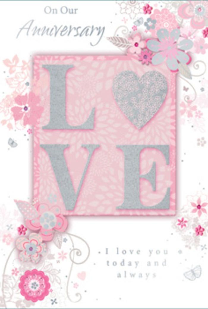This anniversary card opens with the same quiet grace as a door onto a sun-filled Barbican terrace, where love is woven into everyday routines. Across the centre, the word LOVE is the unmistakable focal point, rendered in an elegant frosted glitter that sparkles gently rather than dazzling outright. Each letter is raised, so the texture can be felt when fingertips move slowly across the surface, turning words into a tangible experience. Around this central motif, wispy, hand-drawn blooms soften the edges of the design. They drift along the borders and into the corners, their petals shaded in muted hues of blush pink, lilac, and creamy ivory that blend seamlessly, much like complementary flowers woven together in a hand-crafted bouquet from a Barbican florist. Slender leaves and decorative filigree lines curl between the blossoms, guiding the eye in gentle arcs. Tucked among these flourishes are tiny, almost-hidden butterflies, their delicate shapes subtly suggested rather than boldly outlined, inviting a closer look. The background is a soft, powdered pink that provides a calming canvas for the floral artwork and prevents the glitter from feeling overwhelming. Near the main design, the message I love you today and always appears in understated, graceful type, spaced so the gaze naturally lingers on the sentiment. The combination of raised lettering, intricate illustrations, and soft colour tones creates a feeling that this card is more than simple stationery. It feels like a bouquet translated into paper-thoughtful, romantic, and ideal for commemorating anniversaries in the Barbican, whether shared quietly at home or before an evening at the nearby arts centre.