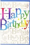 This birthday card, seen as if waiting beside a vase of bright blooms on a Barbican windowsill, captures the feeling of a cheerful celebration in a single glance. The words Happy Birthday sweep across the front in big, rounded letters that seem almost to bounce with energy. Each letter is drenched in a different colour, arranged in a smooth rainbow row-fiery reds and oranges melting into glowing yellows, then shading into fresh greens, cool blues, and rich purples-evoking the spectrum of a mixed bouquet ready for delivery around Barbican and nearby City streets. Subtle shading along the edges of the lettering gives a sense of gentle depth, as though the phrase could be traced with a fingertip. Behind the vivid greeting, the entire background is filled with fine lines of golden handwriting, repeating Happy Birthday to you again and again in a flowing, cursive style. The gold ink has a soft metallic gleam, reminiscent of warm evening light catching the concrete and glass surfaces of the Barbican estate, creating a sophisticated counterpoint to the bright colours in the foreground. Lightly scattered across the card are tiny dots and confetti-like specks in complementary colours, adding a touch of movement and sparkle without overwhelming the design's clean layout. The cardstock appears smooth with a gentle sheen, the kind that feels satisfyingly substantial when held. Everything about the composition-from the balance of white space to the measured shimmer of the gold script-expresses a blend of joy and refinement, making this card an ideal partner for a thoughtfully arranged birthday bouquet, whether it's being hand-delivered to a Barbican studio flat or an office near Moorgate.