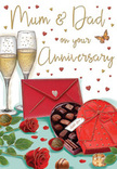 Romantic anniversary card scene that feels perfectly at home in a stylish Barbican flat, described with the same care a florist gives to arranging a gift table. In the foreground, two red roses, fully open and lush, lie gracefully on a smooth surface. Their petals, rich with shades of ruby and deep crimson, appear soft and velvety, layered in tight spirals that gradually unfurl toward the edges. They are accompanied by fresh, glossy green leaves that curve around them, creating a natural cradle of colour and texture. To one side, a charming heart-shaped chocolate box, wrapped with a wide red satin bow, sits slightly open. The bow's loops and trailing ends are carefully illustrated, suggesting a sense of ceremony and indulgence. Inside, little compartments hold individual chocolates, each rendered with subtle highlights that hint at silky centres and crisp shells. Standing just behind are two elegant champagne flutes filled with sparkling golden liquid. The light plays through the glass, catching the rising trails of tiny bubbles, as if the glasses are captured in that quiet second before they are lifted for a toast. Floating around this central arrangement are delicate red hearts and glimmers of gold, scattered like confetti across the background and framing a gently hand-lettered 'Mum & Dad' message. A vivid scarlet envelope rests nearby, closed and waiting, implying that a thoughtful, handwritten note has been carefully tucked inside. The whole composition radiates warmth, intimacy, and the kind of quiet celebration you might enjoy after having flowers delivered to a Barbican home-a private moment that honours years of shared love, support, and the simple pleasure of being together.